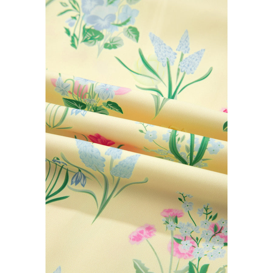 Beige Floral Print Contrast Trim Self-tie Straps High Waist Midi Dress Dresses/Floral Dresses