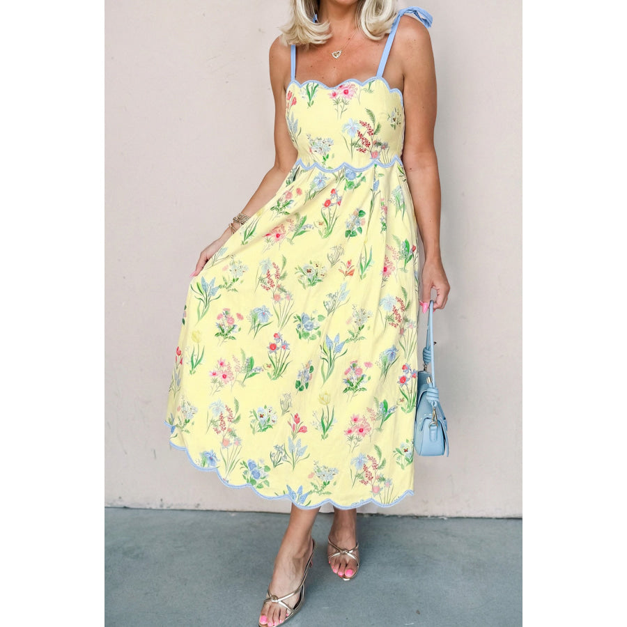 Beige Floral Print Contrast Trim Self-tie Straps High Waist Midi Dress Dresses/Floral Dresses
