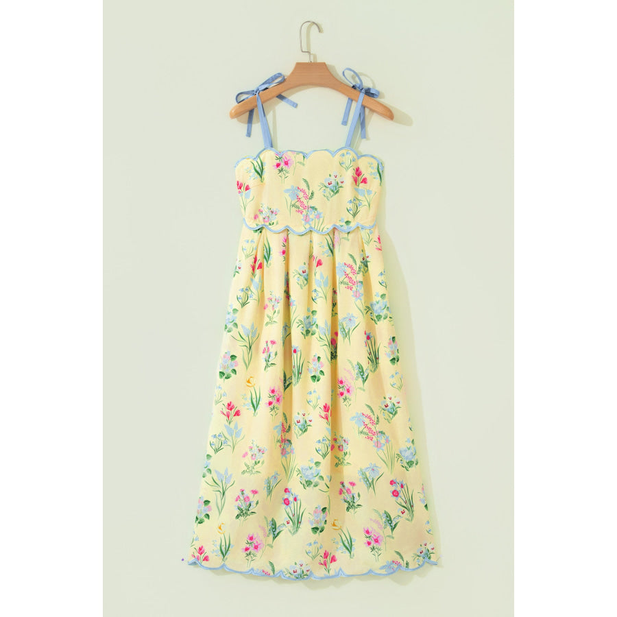 Beige Floral Print Contrast Trim Self-tie Straps High Waist Midi Dress Dresses/Floral Dresses