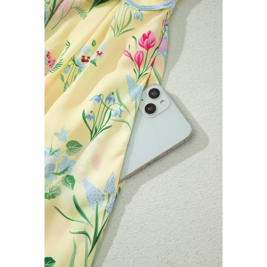 Beige Floral Print Contrast Trim Self-tie Straps High Waist Midi Dress Dresses/Floral Dresses