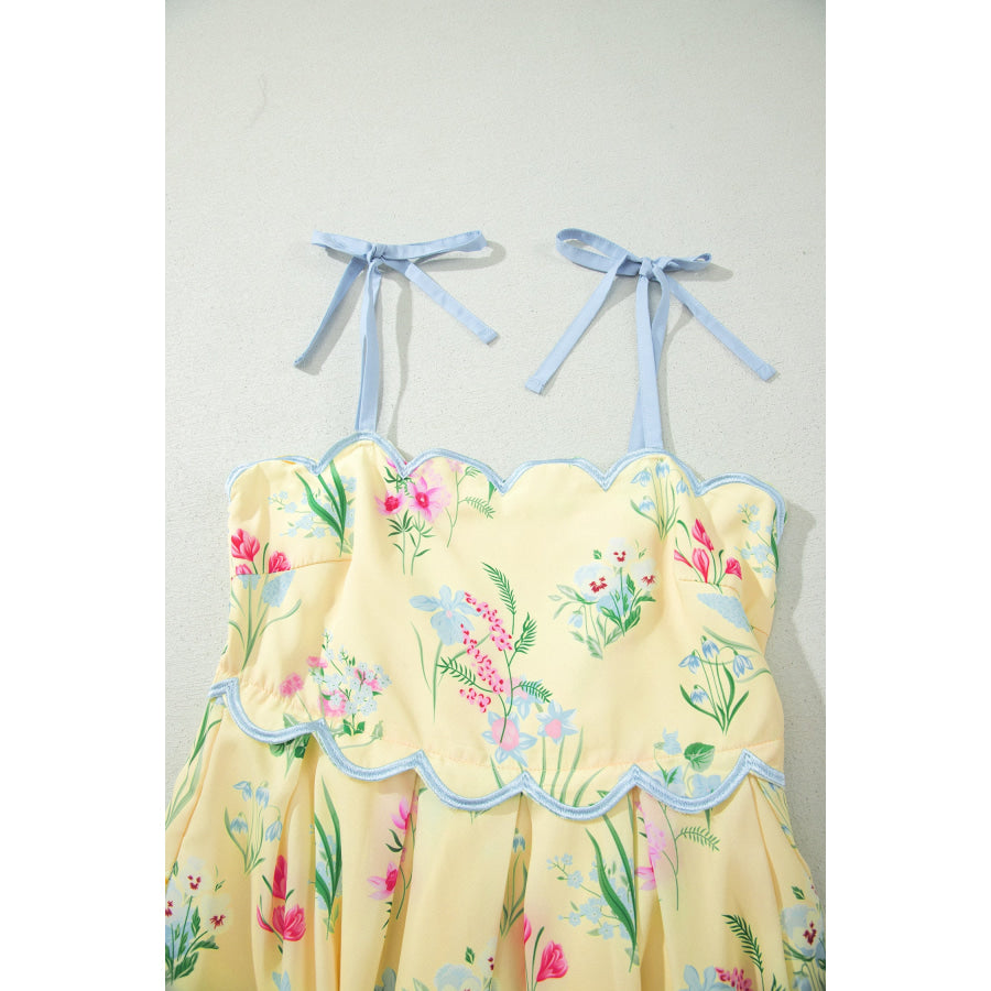 Beige Floral Print Contrast Trim Self-tie Straps High Waist Midi Dress Dresses/Floral Dresses