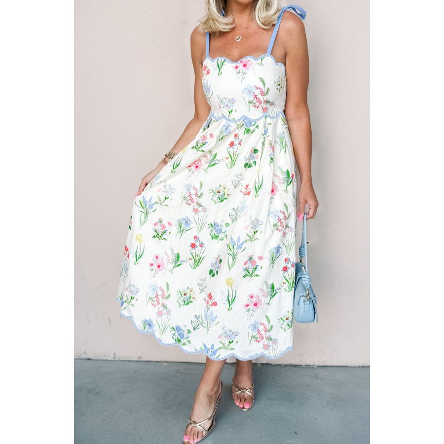Beige Floral Print Contrast Trim Self-tie Straps High Waist Midi Dress Dresses/Floral Dresses