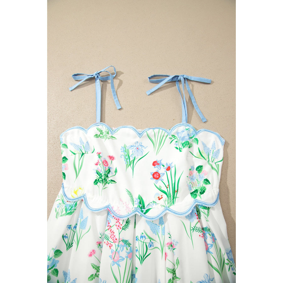 Beige Floral Print Contrast Trim Self-tie Straps High Waist Midi Dress Dresses/Floral Dresses