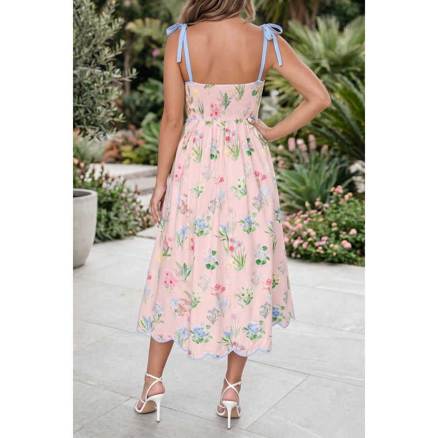 Beige Floral Print Contrast Trim Self-tie Straps High Waist Midi Dress Dresses/Floral Dresses