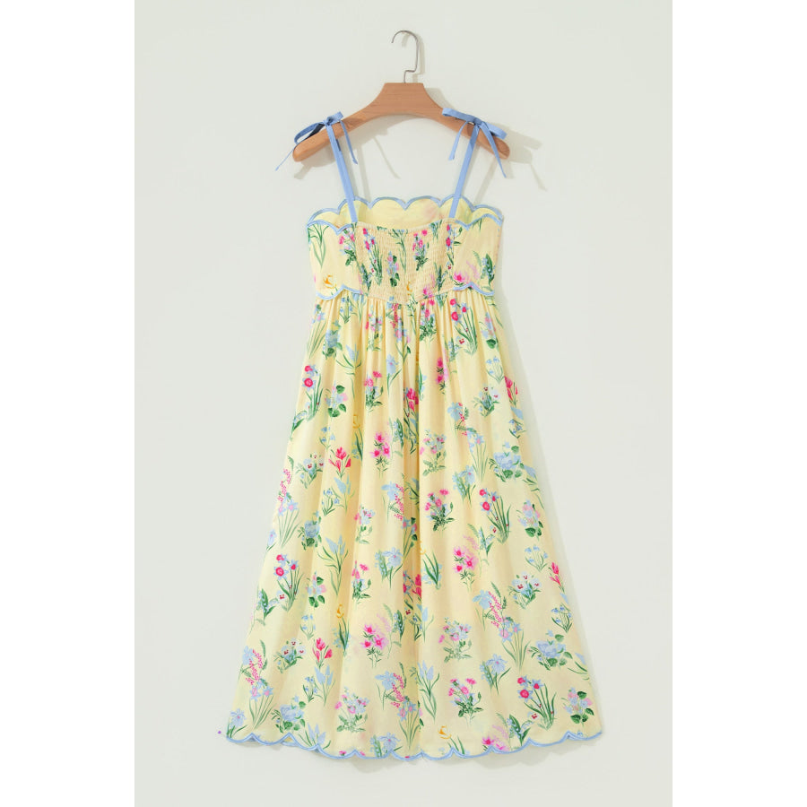 Beige Floral Print Contrast Trim Self-tie Straps High Waist Midi Dress Dresses/Floral Dresses