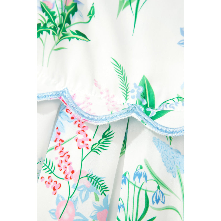 Beige Floral Print Contrast Trim Self-tie Straps High Waist Midi Dress Dresses/Floral Dresses