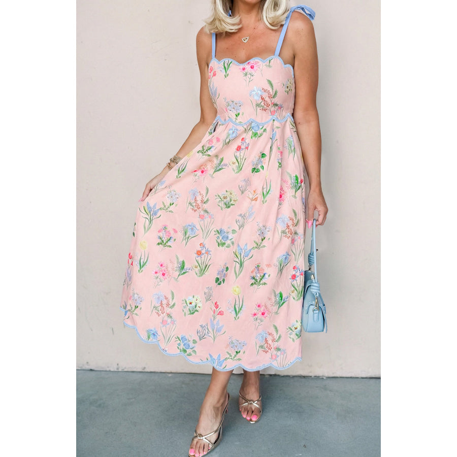 Beige Floral Print Contrast Trim Self-tie Straps High Waist Midi Dress Dresses/Floral Dresses