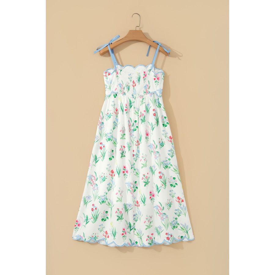 Beige Floral Print Contrast Trim Self-tie Straps High Waist Midi Dress Dresses/Floral Dresses