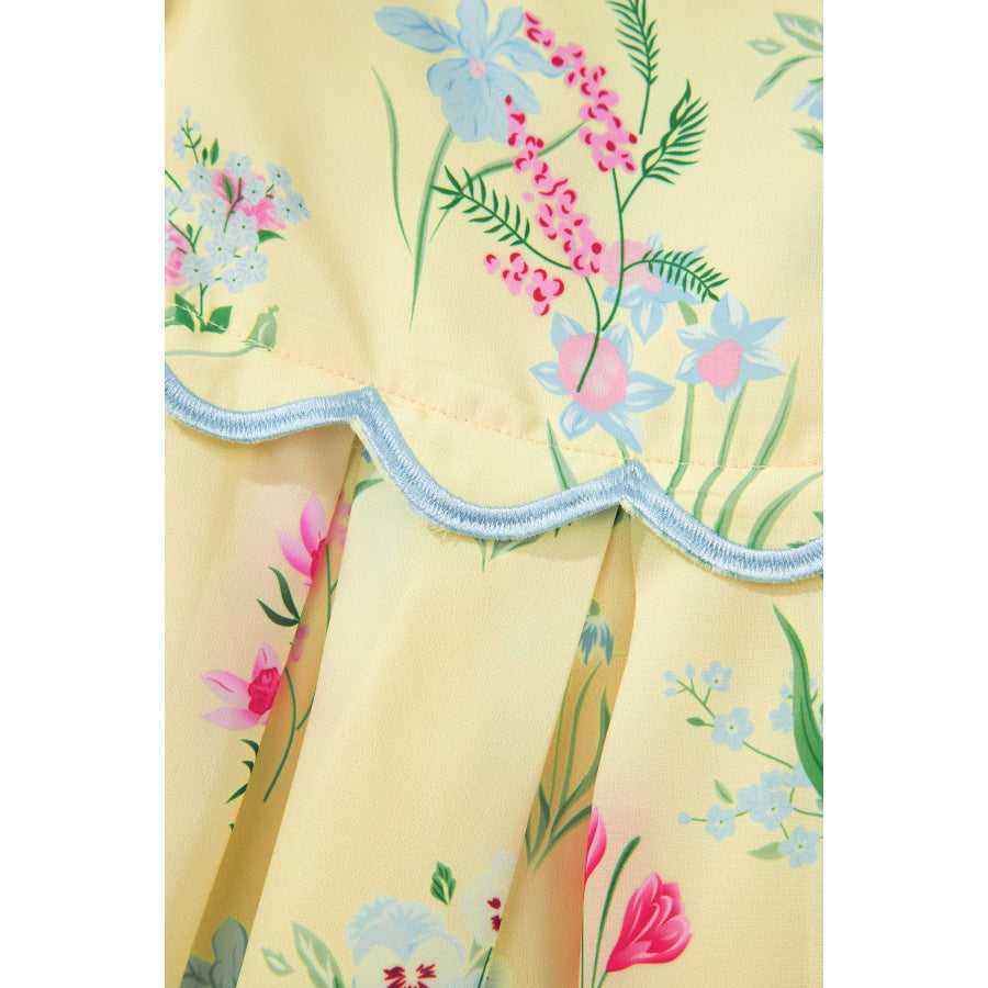 Beige Floral Print Contrast Trim Self-tie Straps High Waist Midi Dress Dresses/Floral Dresses