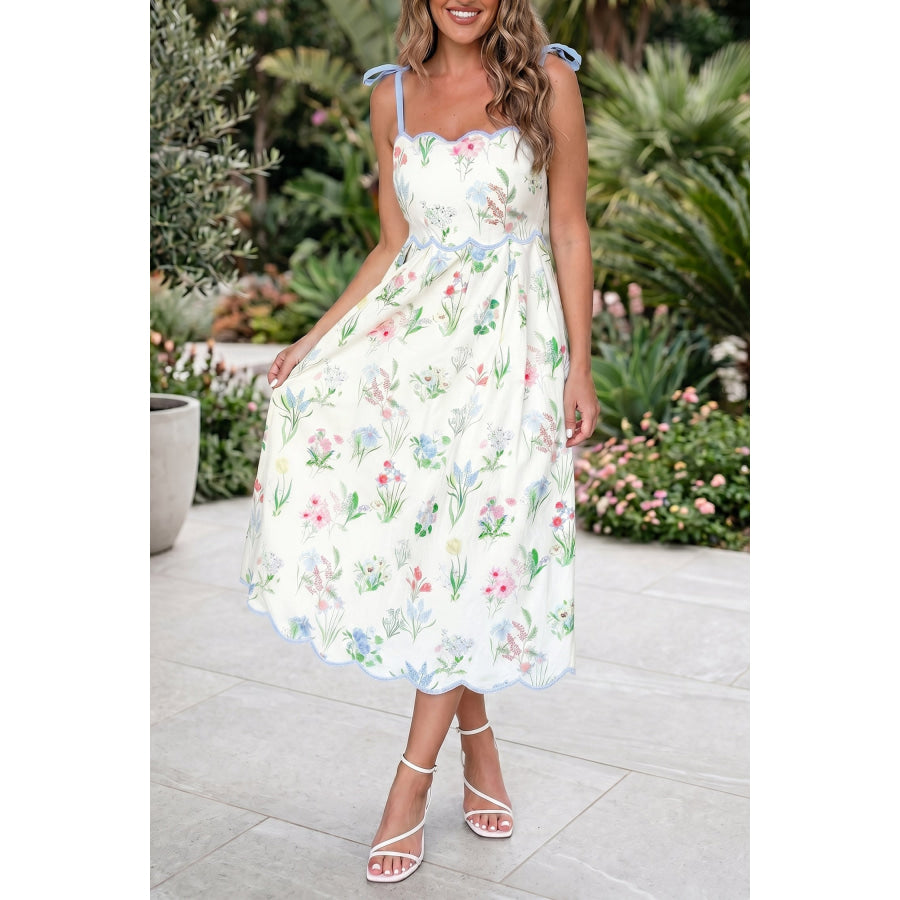Beige Floral Print Contrast Trim Self-tie Straps High Waist Midi Dress Beige / S / 100% Polyester Dresses/Floral Dresses