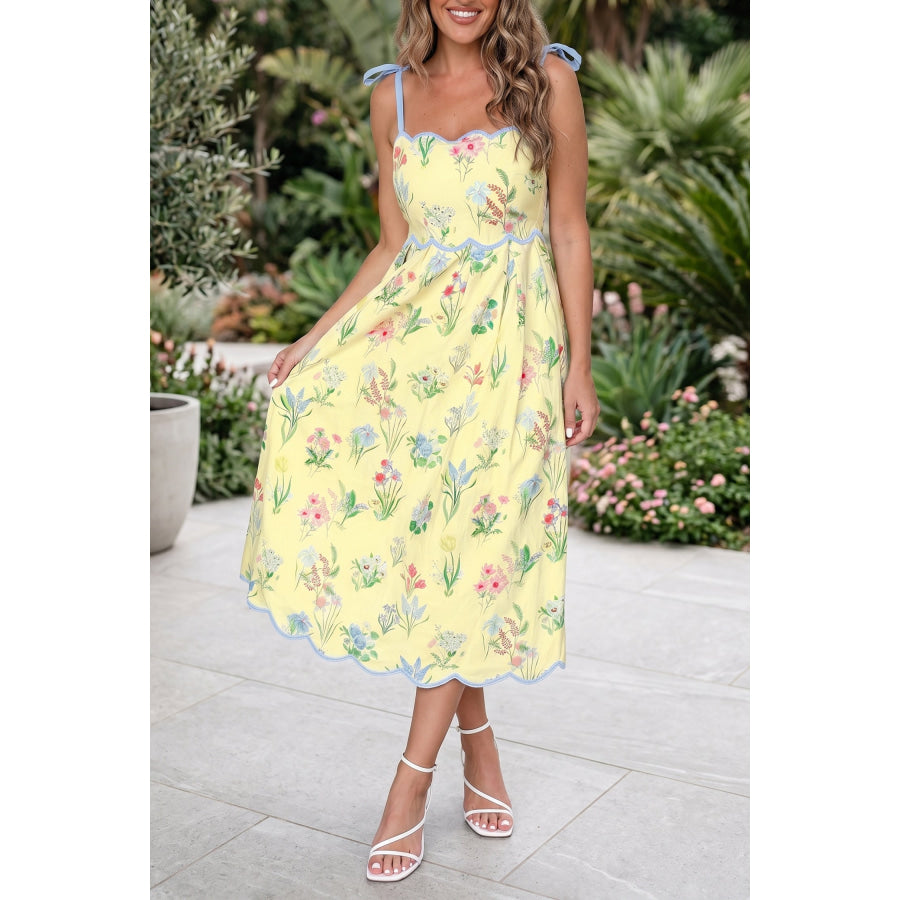 Beige Floral Print Contrast Trim Self-tie Straps High Waist Midi Dress Yellow / S / 100% Polyester Dresses/Floral Dresses