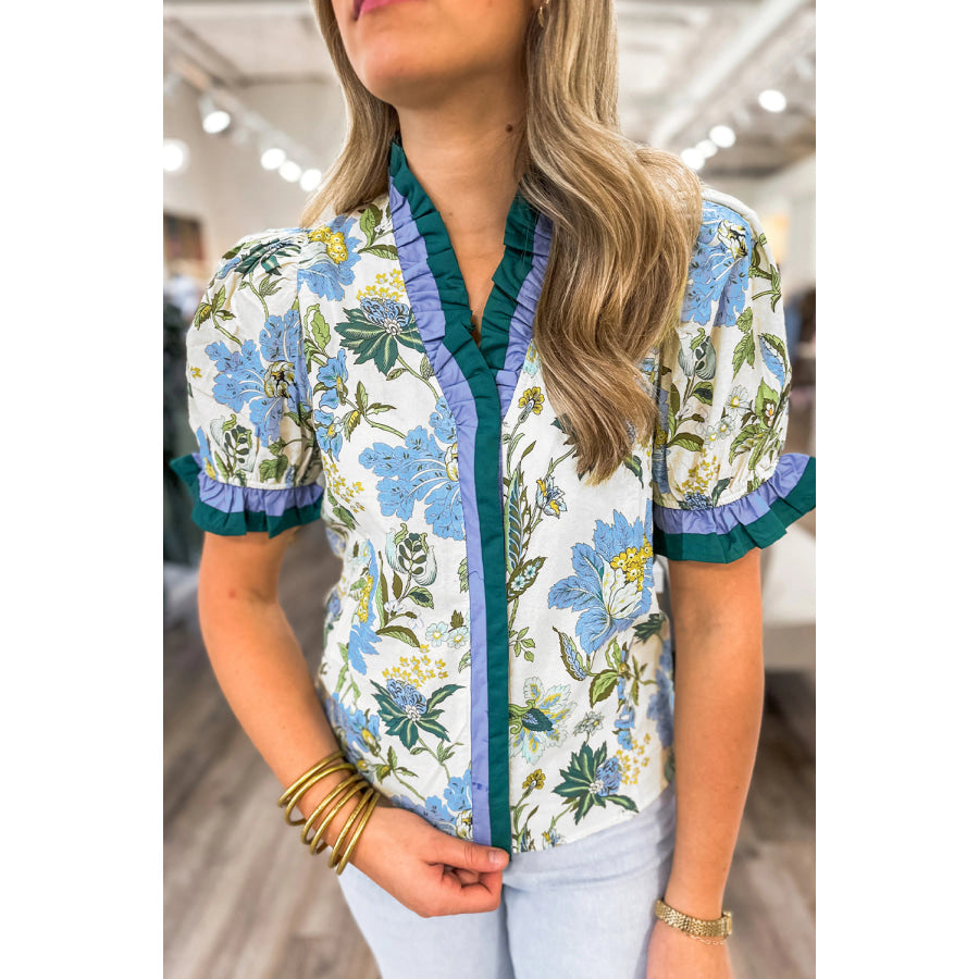 Beige Floral Print Contrasted Frilled Striped Trim Short Sleeve Blouse Beige / S / 55% Cotton + 45% Viscose Tops/Blouses & Shirts