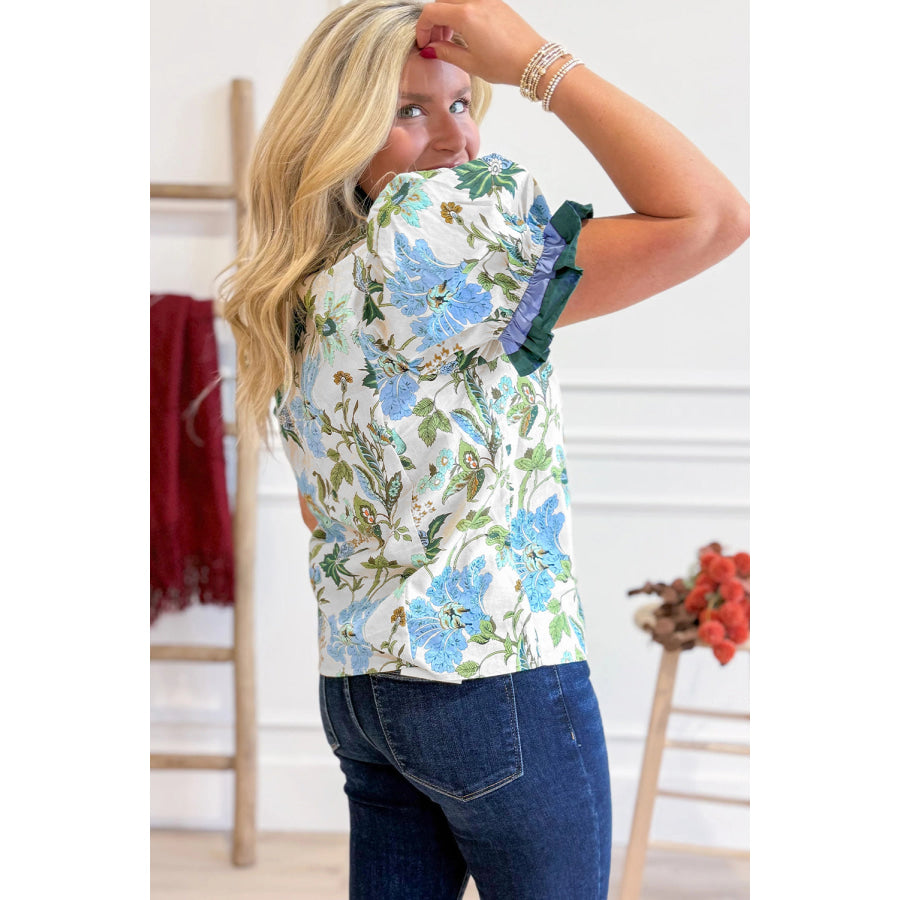 Beige Floral Print Contrasted Frilled Striped Trim Short Sleeve Blouse Tops/Blouses & Shirts