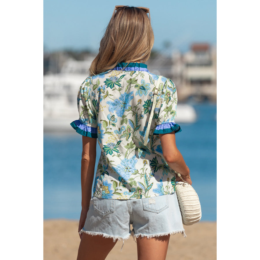 Beige Floral Print Contrasted Frilled Striped Trim Short Sleeve Blouse Tops/Blouses & Shirts