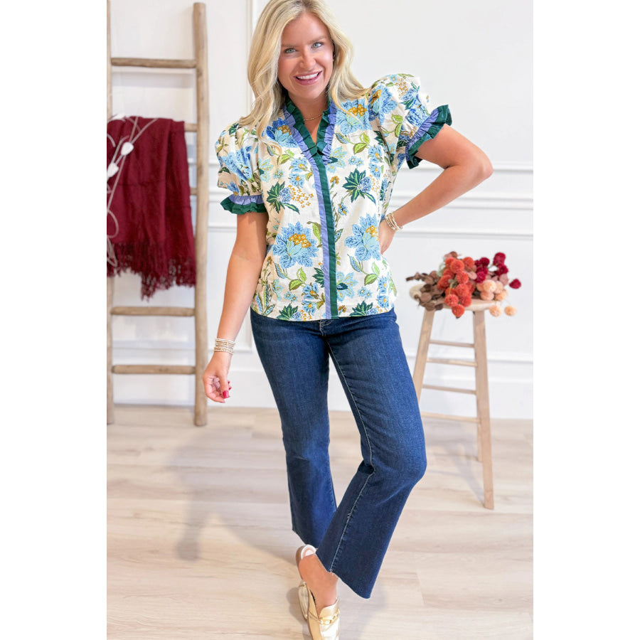 Beige Floral Print Contrasted Frilled Striped Trim Short Sleeve Blouse Tops/Blouses & Shirts