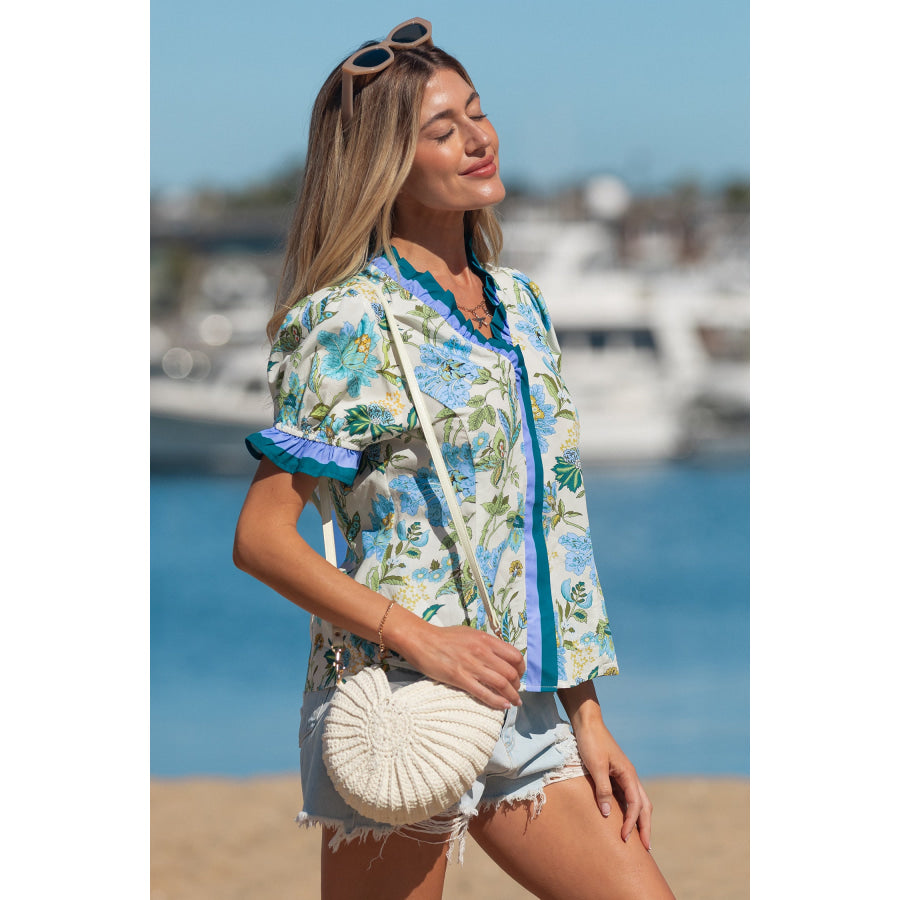 Beige Floral Print Contrasted Frilled Striped Trim Short Sleeve Blouse Tops/Blouses & Shirts