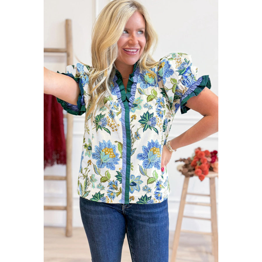 Beige Floral Print Contrasted Frilled Striped Trim Short Sleeve Blouse Tops/Blouses & Shirts