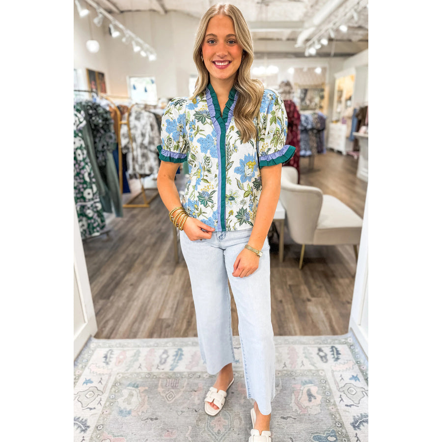 Beige Floral Print Contrasted Frilled Striped Trim Short Sleeve Blouse Tops/Blouses & Shirts