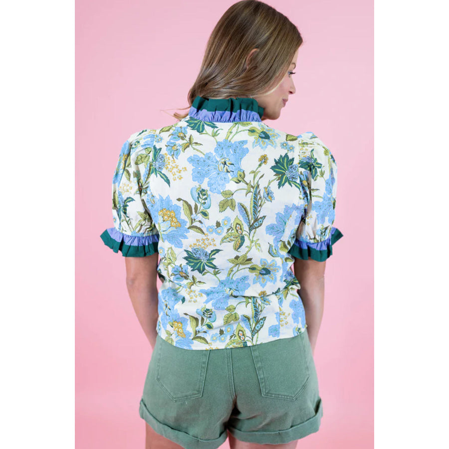 Beige Floral Print Contrasted Frilled Striped Trim Short Sleeve Blouse Tops/Blouses & Shirts
