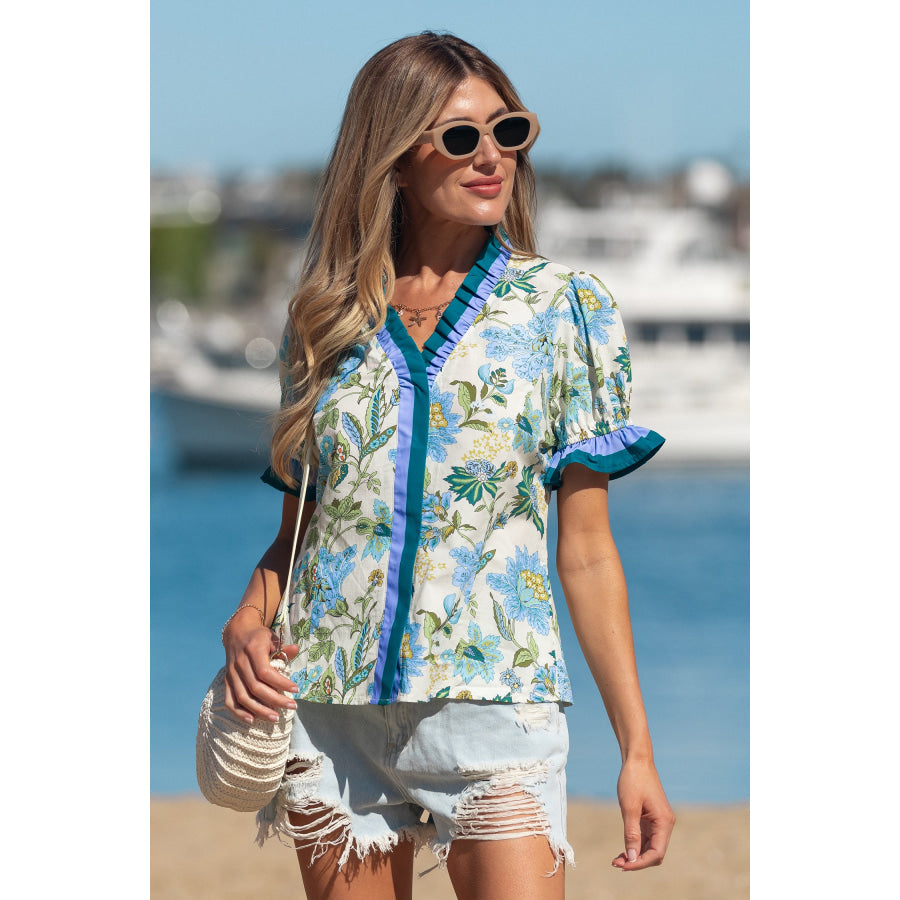 Beige Floral Print Contrasted Frilled Striped Trim Short Sleeve Blouse Tops/Blouses & Shirts