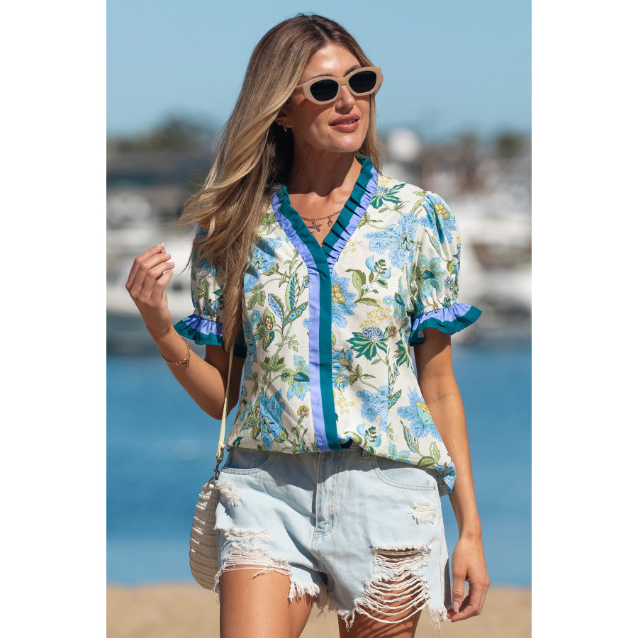 Beige Floral Print Contrasted Frilled Striped Trim Short Sleeve Blouse Tops/Blouses & Shirts