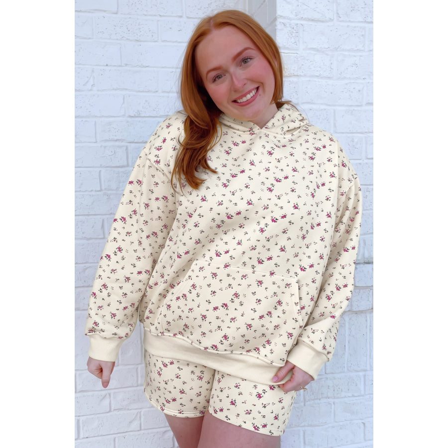 Beige Floral Print Hooded Long Sleeve Plus Size Set Plus Size/Plus Size Loungewear