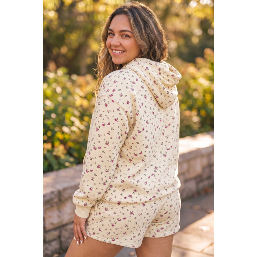 Beige Floral Print Hooded Long Sleeve Plus Size Set Plus Size/Plus Size Loungewear