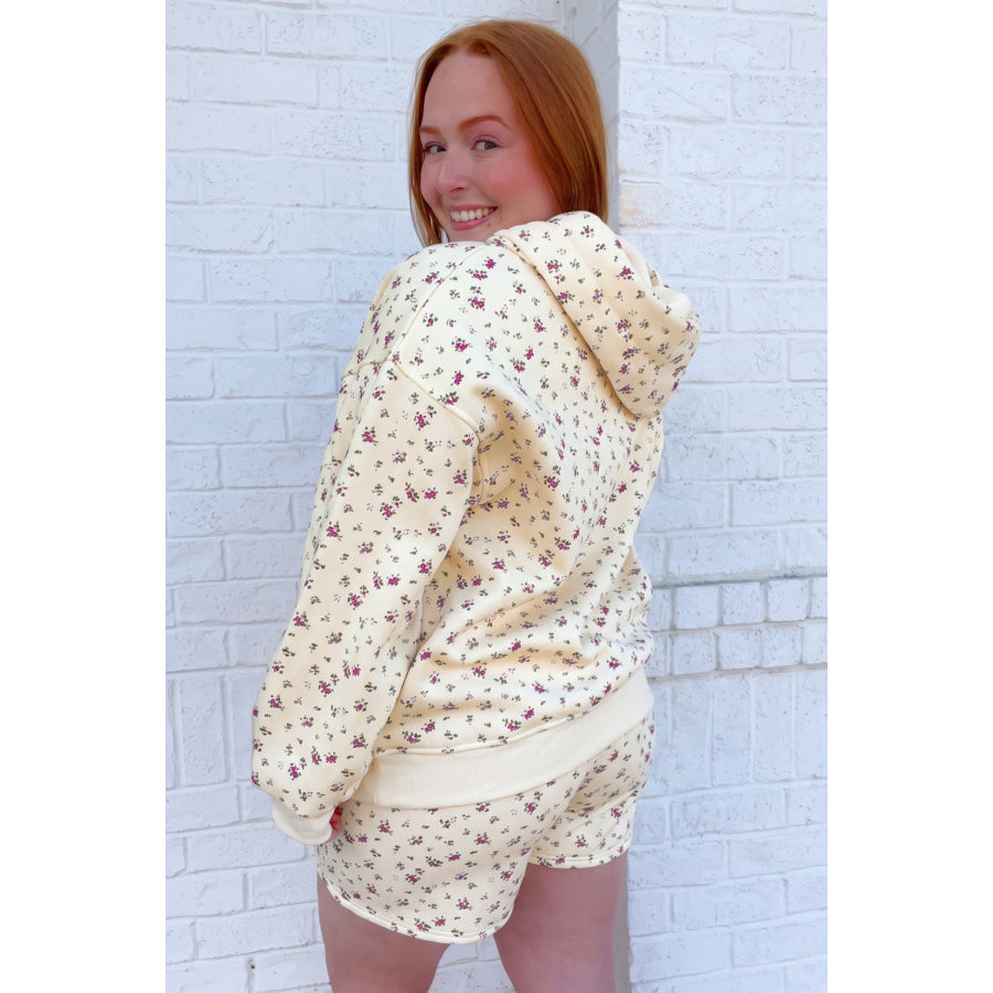 Beige Floral Print Hooded Long Sleeve Plus Size Set Plus Size/Plus Size Loungewear