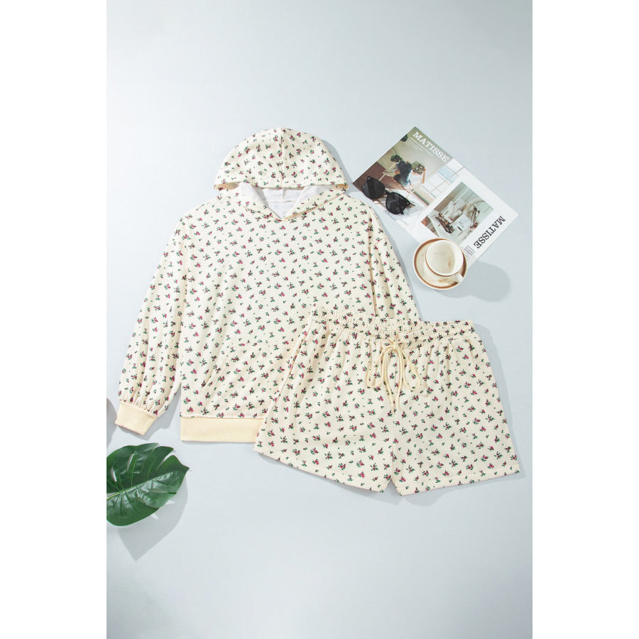 Beige Floral Print Hooded Long Sleeve Plus Size Set Plus Size/Plus Size Loungewear