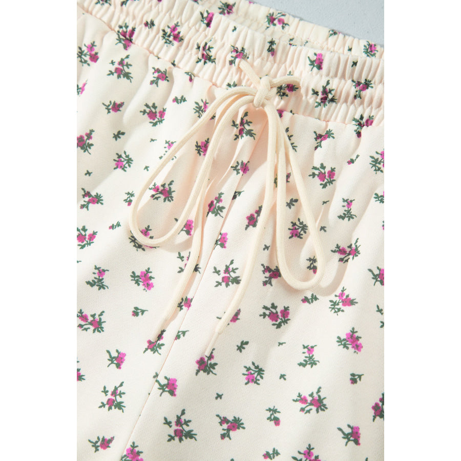 Beige Floral Print Hooded Long Sleeve Plus Size Set Plus Size/Plus Size Loungewear