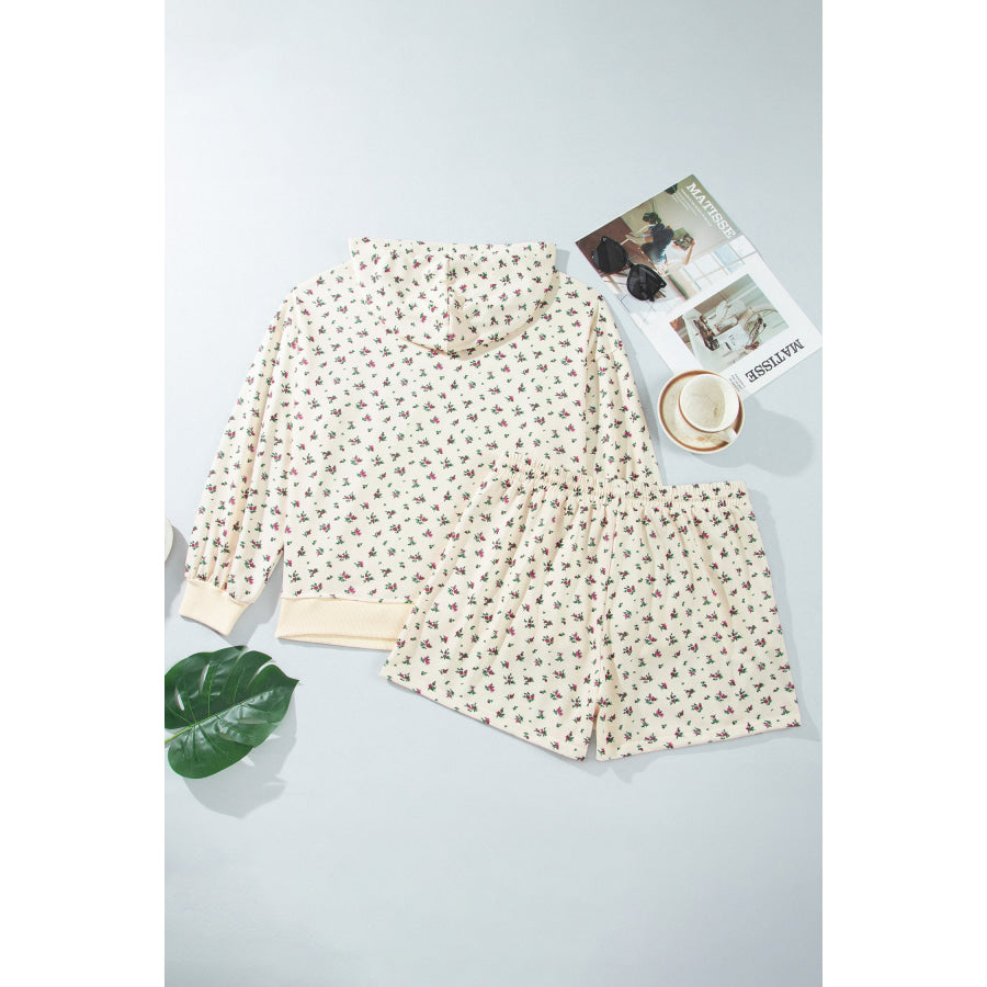 Beige Floral Print Hooded Long Sleeve Plus Size Set Plus Size/Plus Size Loungewear