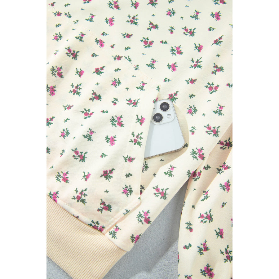 Beige Floral Print Hooded Long Sleeve Plus Size Set Plus Size/Plus Size Loungewear