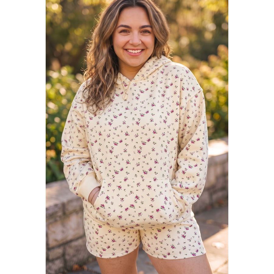 Beige Floral Print Hooded Long Sleeve Plus Size Set Plus Size/Plus Size Loungewear