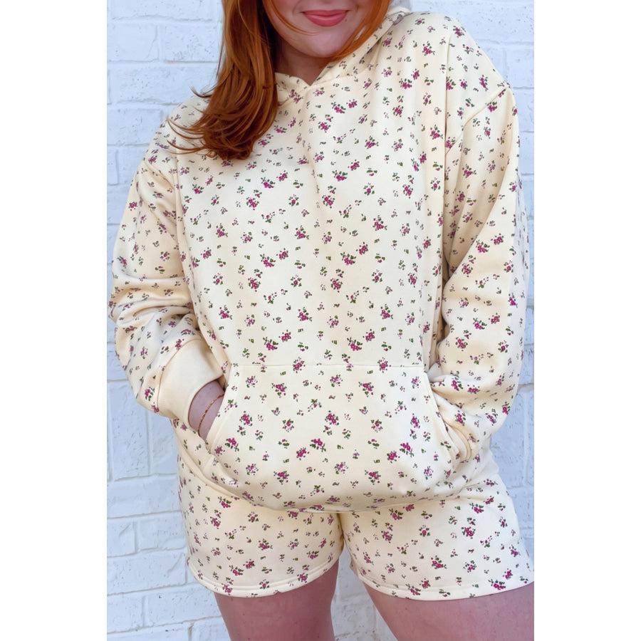 Beige Floral Print Hooded Long Sleeve Plus Size Set Plus Size/Plus Size Loungewear