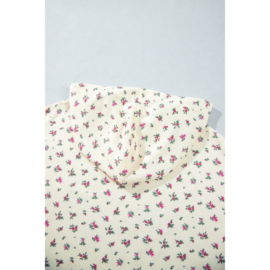 Beige Floral Print Hooded Long Sleeve Plus Size Set Plus Size/Plus Size Loungewear
