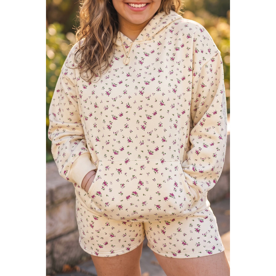 Beige Floral Print Hooded Long Sleeve Plus Size Set Plus Size/Plus Size Loungewear