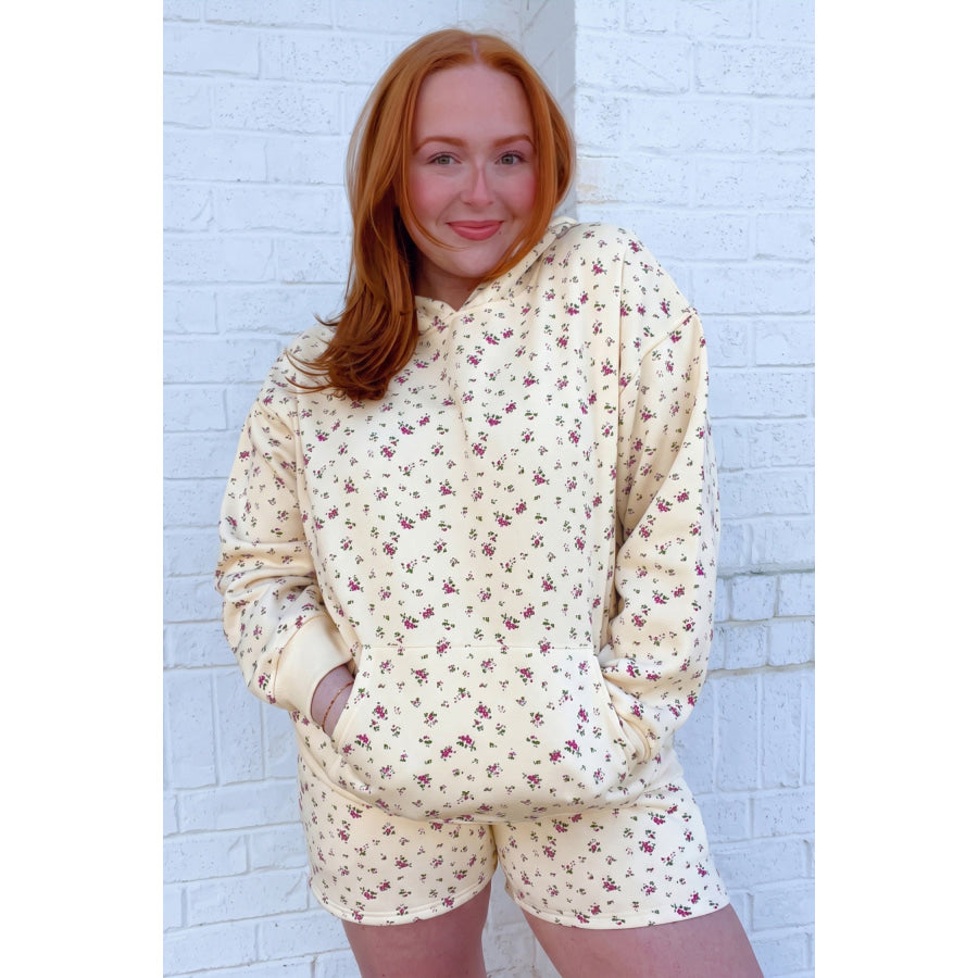 Beige Floral Print Hooded Long Sleeve Plus Size Set Plus Size/Plus Size Loungewear