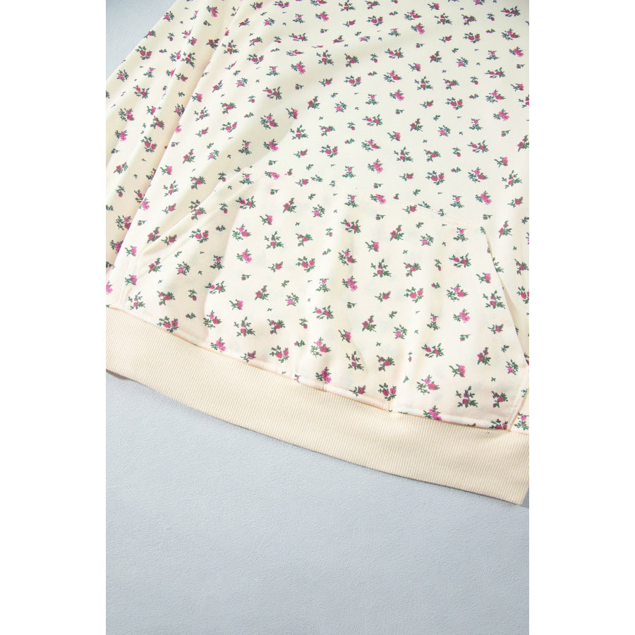Beige Floral Print Hooded Long Sleeve Plus Size Set Plus Size/Plus Size Loungewear