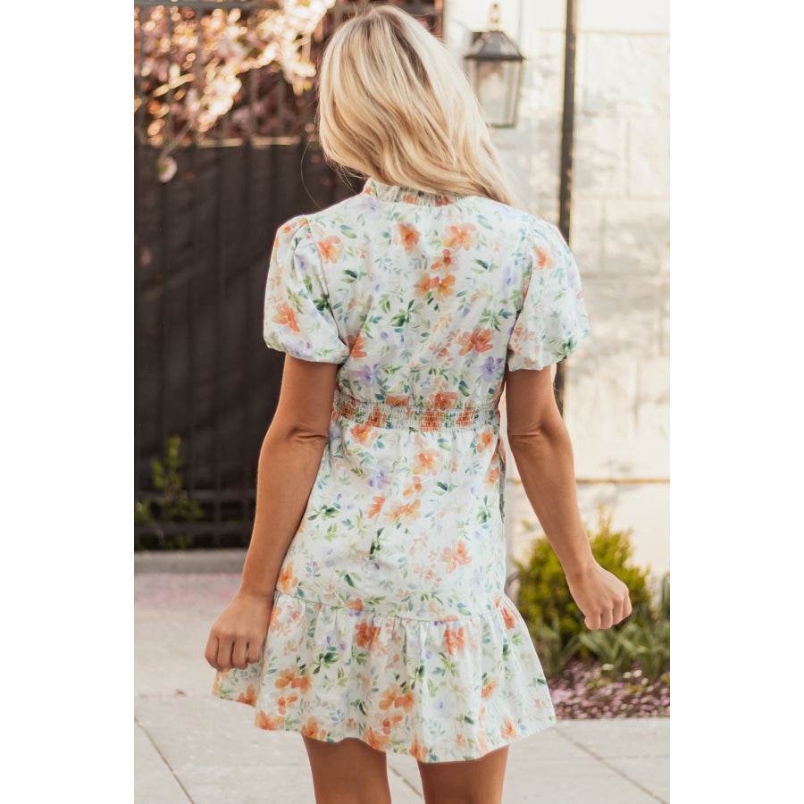 Beige Floral Print Shirred High Waist Puff Sleeve Mini Dress Beige / S / 100% Cotton Dresses/Floral Dresses