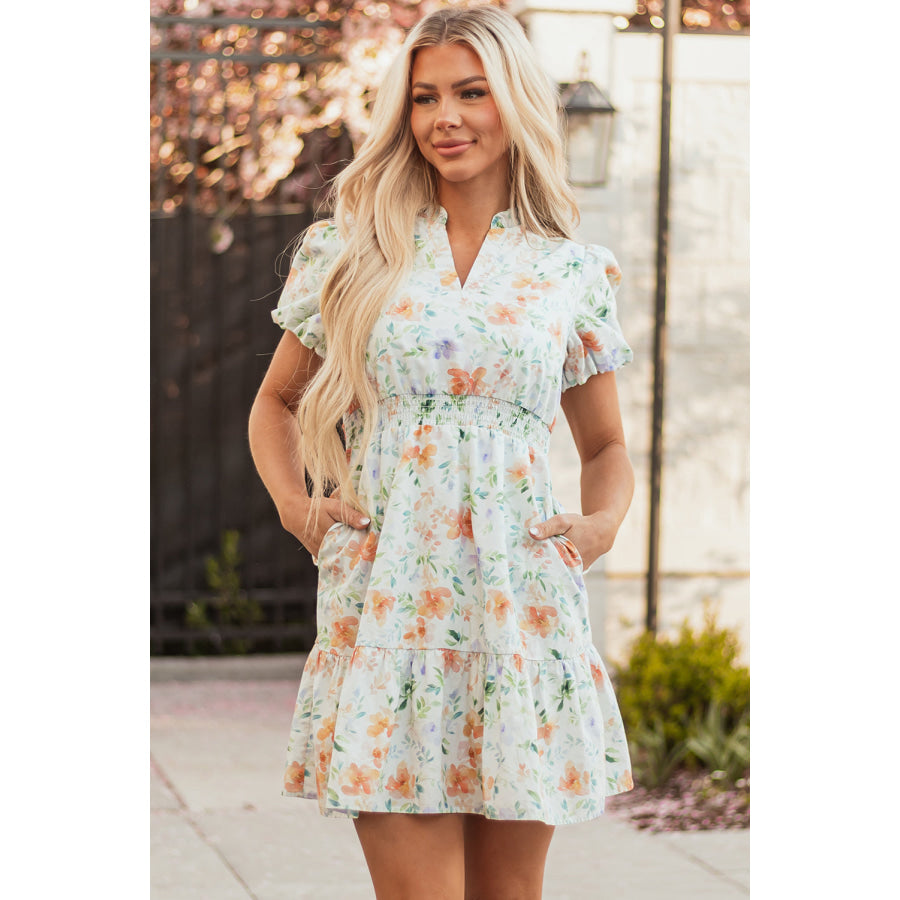 Beige Floral Print Shirred High Waist Puff Sleeve Mini Dress Beige / S / 100% Cotton Dresses/Floral Dresses