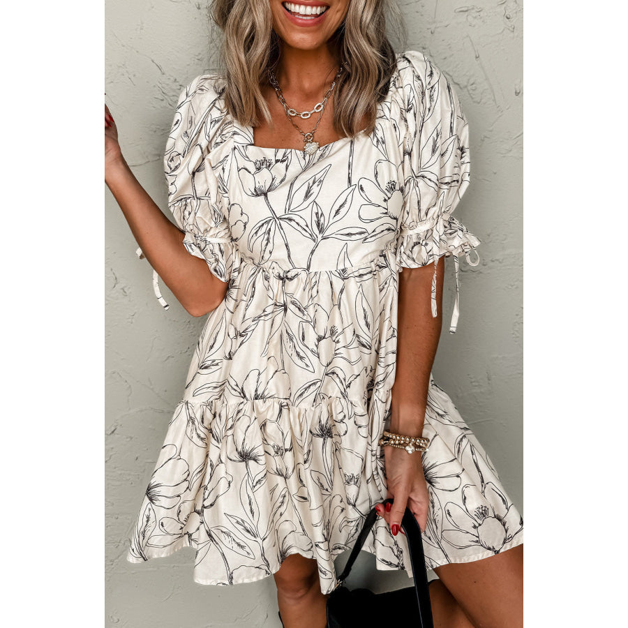 Beige Floral Print Square Neck Shirred Back Puff Sleeve Mini Dress Beige / S / 100% Polyester Dresses/Floral Dresses