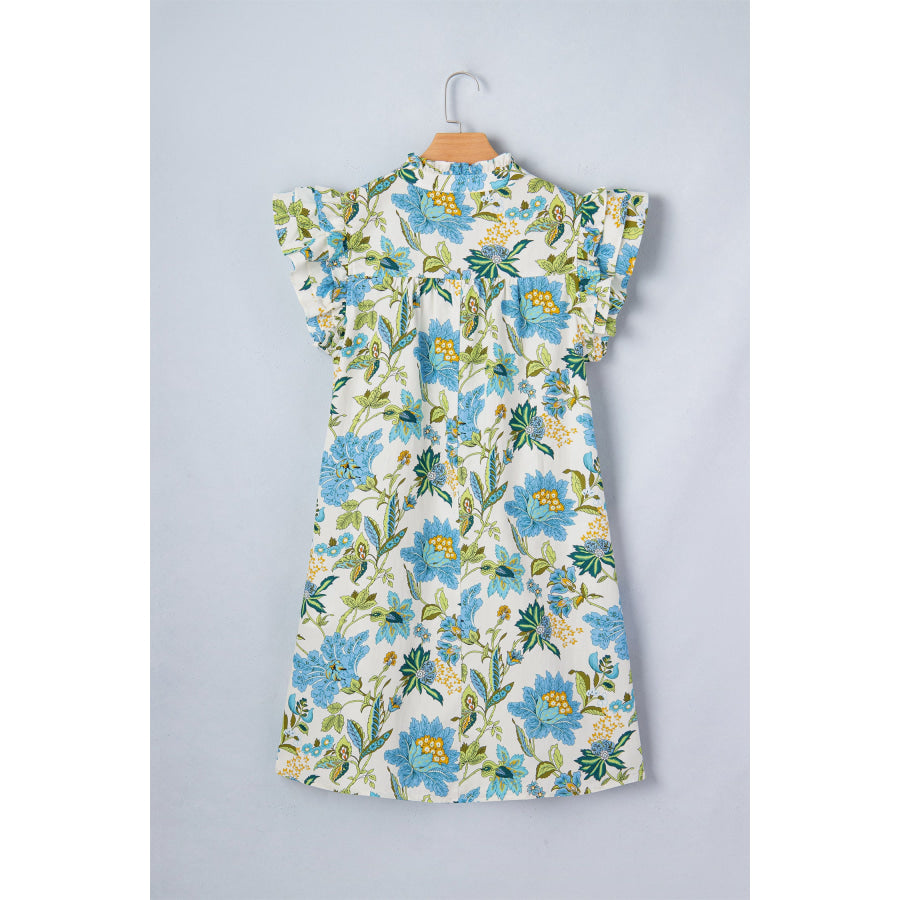 Beige Floral Print V Neck Triple Ruffle Short Sleeve Shift Mini Dress Dresses/Floral Dresses