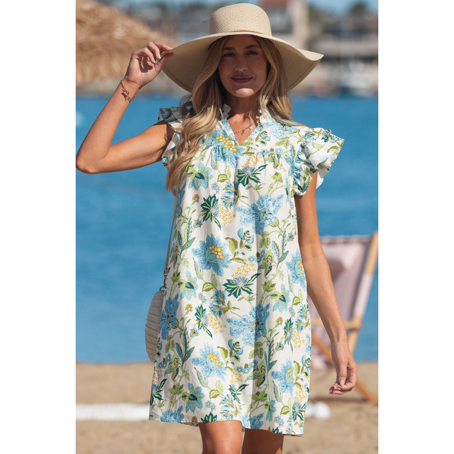 Beige Floral Print V Neck Triple Ruffle Short Sleeve Shift Mini Dress Dresses/Floral Dresses