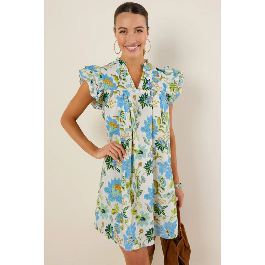 Beige Floral Print V Neck Triple Ruffle Short Sleeve Shift Mini Dress Dresses/Floral Dresses
