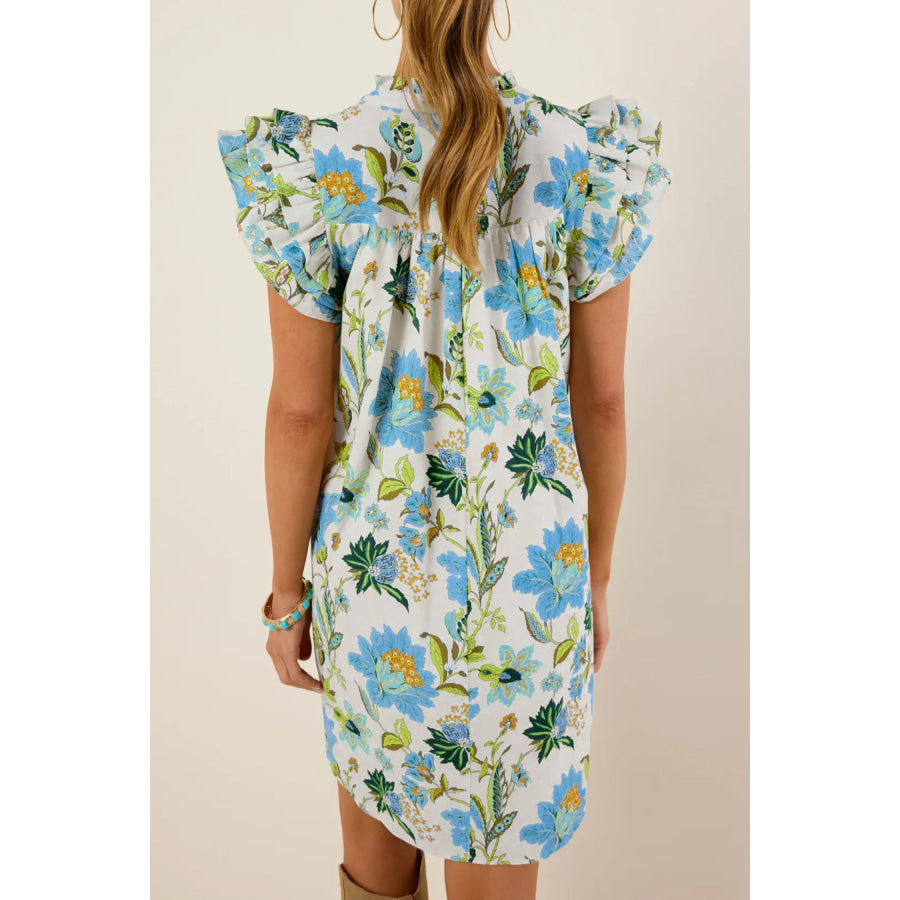 Beige Floral Print V Neck Triple Ruffle Short Sleeve Shift Mini Dress Dresses/Floral Dresses