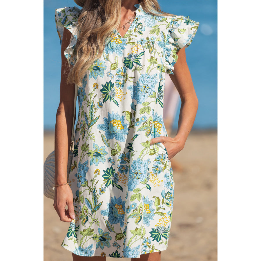Beige Floral Print V Neck Triple Ruffle Short Sleeve Shift Mini Dress Dresses/Floral Dresses