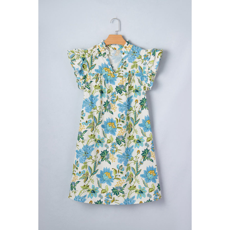Beige Floral Print V Neck Triple Ruffle Short Sleeve Shift Mini Dress Dresses/Floral Dresses