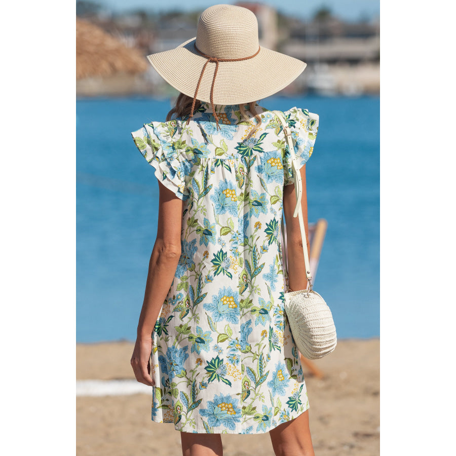 Beige Floral Print V Neck Triple Ruffle Short Sleeve Shift Mini Dress Dresses/Floral Dresses