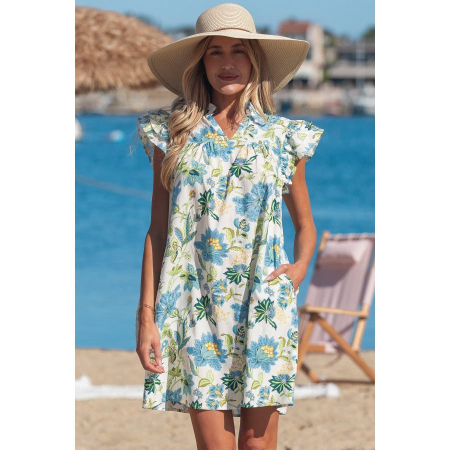 Beige Floral Print V Neck Triple Ruffle Short Sleeve Shift Mini Dress Dresses/Floral Dresses