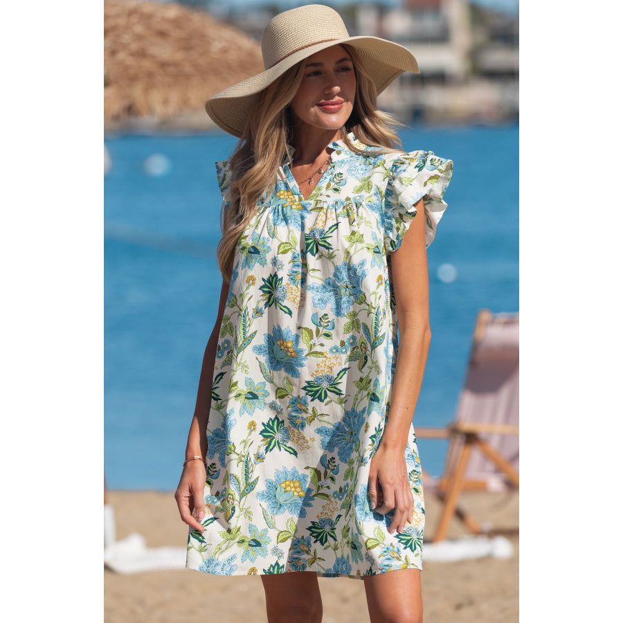 Beige Floral Print V Neck Triple Ruffle Short Sleeve Shift Mini Dress Dresses/Floral Dresses